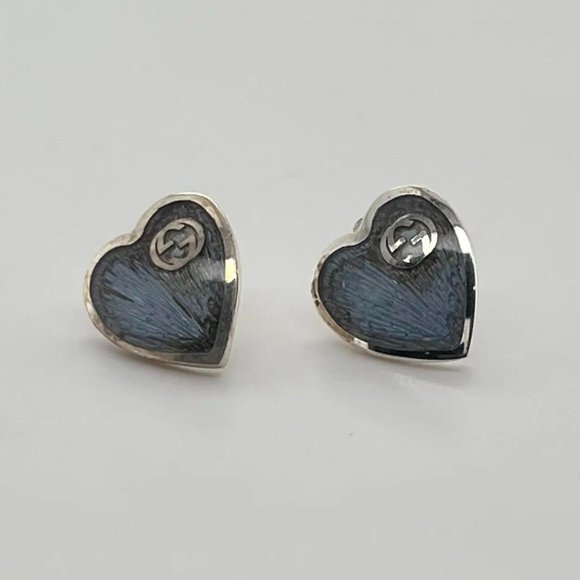 Gucci Light Blue Enamel Interlocking G Heart Stud Earrings 925 Sterling Silver - Picture 4 of 5